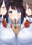  3girls bangs black_hair blue_eyes blush bow bowtie breasts brown_hair bubble_tea bubble_tea_challenge cheating_(competitive) collared_shirt cup disposable_cup drink drinking drinking_straw earrings eyebrows_visible_through_hair grey_eyes hair_between_eyes hair_ornament hairclip jewelry kaisen_chuui large_breasts long_hair looking_at_viewer multiple_girls object_on_breast original purple_hair red_neckwear school_uniform shirt short_hair sidelocks simple_background sweatdrop teamwork white_background 