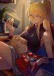  2girls ahoge aqua_eyes artoria_pendragon_(all) artoria_pendragon_(lancer) blonde_hair book bookmark breasts closed_eyes fate/apocrypha fate/grand_order fate_(series) flat_chest highres indoors jacket lap_pillow large_breasts mordred_(fate) mordred_(fate)_(all) mother_and_daughter multiple_girls ponytail red_jacket sleeping yorukun 