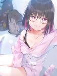  1girl aihara_shouta bag bare_shoulders between_legs black-framed_eyewear black_bra black_hair blurry bottle bra breasts bright_pupils cleavage collarbone commentary_request depth_of_field glasses grin guitar_case highres instrument_case lace lace-trimmed_bra long_sleeves looking_at_viewer medium_breasts mole mole_under_eye multicolored_hair off_shoulder original parted_lips pink_hair pink_shirt purple_eyes self_shot shirt short_hair smile solo thighs two-tone_hair underwear 