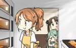  3girls alternate_costume apron aquila_(kantai_collection) ayanami_(kantai_collection) baking bangs bread brown_eyes brown_hair chibi commentary_request cowboy_shot croissant dated food green_eyes green_hair hair_between_eyes hair_ornament hairclip hamu_koutarou high_ponytail highres kantai_collection long_hair multiple_girls one_eye_closed orange_hair oven parted_bangs shirt side_ponytail sleepy t-shirt triangle_mouth wavy_hair white_shirt yamakaze_(kantai_collection) yellow_apron 