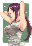  1girl armpits arms_behind_head arms_up bangs bare_shoulders blush border breasts brown_hair camouflage camouflage_shirt green_background green_eyes idolmaster idolmaster_cinderella_girls large_breasts long_hair ponytail simple_background solo tank_top white_border yamato_aki youhei_(testament) 