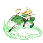  1girl blonde_hair boots bracelet breasts brown_footwear choker cleavage closed_mouth collarbone detached_sleeves earrings floating_hair frown full_body green_eyes hair_between_eyes hair_ornament highres holding holding_sword holding_weapon jewelry knee_boots large_breasts leafa long_hair long_sleeves looking_at_viewer official_art ponytail running shorts solo sword sword_art_online thighhighs transparent_background very_long_hair weapon white_legwear white_shorts white_sleeves zettai_ryouiki 