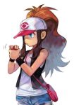  1girl bag bare_shoulders baseball_cap black_vest blue_eyes blue_shorts brown_hair closed_mouth flat_chest hands_together hands_up hankuri hat holding holding_poke_ball jpeg_artifacts long_hair md5_mismatch pink_headwear poke_ball poke_ball_(generic) poke_ball_symbol poke_ball_theme pokemon pokemon_(game) pokemon_bw shirt short_shorts shorts simple_background sleeveless sleeveless_shirt solo standing tied_hair touko_(pokemon) vest white_background white_shirt 