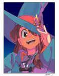  1girl absurdres black_background black_neckwear border brown_eyes brown_hair collared_shirt dated hair_over_one_eye hand_on_headwear hat hat_ribbon highres kagari_atsuko little_witch_academia looking_at_viewer luna_nova_school_uniform open_mouth portrait ribbon ryusei_hashida school_uniform shirt signature smile solo white_border witch witch_hat 