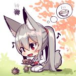  1girl :d animal_ear_fluff animal_ears bangs blush bowl chestnut chibi commentary_request eighth_note eyebrows_visible_through_hair food fox_ears fox_girl fox_tail full_body grey_hair hair_between_eyes holding holding_plate japanese_clothes kimono long_hair long_sleeves musical_note obi open_mouth original patches plate ponytail red_eyes sash seiza sidelocks sitting smile solo tail thought_bubble very_long_hair white_kimono wide_sleeves yuuji_(yukimimi) 