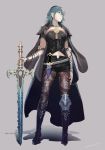  1girl amatari_sukuzakki armor black_cape black_shorts blue_eyes blue_hair byleth_(fire_emblem) byleth_(fire_emblem)_(female) cape dagger fire_emblem fire_emblem:_three_houses full_body grey_background highres holding holding_sword holding_weapon medium_hair pantyhose sheath sheathed short_shorts shorts simple_background solo sword weapon 