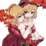  2girls :d aki_minoriko aki_shizuha apple autumn_leaves bangs berries blonde_hair blush breasts brown_eyes commentary dress eyebrows_visible_through_hair food food_themed_hair_ornament frilled_shirt_collar frills fruit grape_hair_ornament hair_between_eyes hair_ornament hairband hand_up hat holding holding_food holding_fruit hug hug_from_behind juliet_sleeves leaf leaf_hair_ornament long_sleeves looking_at_another marsen medium_breasts mob_cap multiple_girls open_mouth parted_lips puffy_sleeves red_dress red_hairband red_headwear shirt short_hair siblings simple_background sisters skirt_basket smile strapless strapless_dress touhou upper_body white_background white_shirt yellow_eyes 