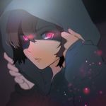  1girl bangs blurry blurry_background blurry_foreground brown_hair close-up commentary depth_of_field glowing glowing_eyes hands_up hood hood_up hoodie lips long_sleeves looking_at_viewer looking_to_the_side meiko parted_lips portrait red_eyes shaded_face short_hair solo vocaloid yen-mi 