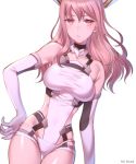  1girl alice_gear_aegis artist_name breasts breasts_apart closed_mouth collarbone contrapposto cowboy_shot elbow_gloves floating_hair frown gloves hair_between_eyes hand_on_hip highres kio_rojine leotard long_hair looking_at_viewer medium_breasts pink_hair red_eyes simple_background solo thigh_gap white_background white_gloves white_leotard yotsuya_yumi 