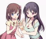  2girls :d :o bare_shoulders black_hair black_ribbon blue_eyes blush bow breasts brown_hair cleavage collarbone collared_shirt dress food green_shirt grey_background hair_bow highres holding holding_food holding_spoon ice_cream ice_cream_cone itsumi_(itumiyuo) jewelry large_breasts long_hair multiple_girls neck_ribbon onjouji_toki open_mouth pendant pink_dress puffy_short_sleeves puffy_sleeves red_bow red_eyes ribbon saki saki_achiga-hen shimizudani_ryuuka shirt short_sleeves simple_background sleeveless sleeveless_dress smile soft_serve spoon sprinkles striped striped_bow very_long_hair yellow_shirt 