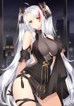  1girl absurdres ahoge alternate_costume azur_lane bangs black_dress black_gloves blush bow breasts brown_eyes cityscape contrapposto cowboy_shot dress gloves hair_between_eyes highres indoors large_breasts long_hair looking_at_viewer multicolored_hair night open_mouth prinz_eugen_(azur_lane) prinz_eugen_(cordial_cornflower)_(azur_lane) red_hair sidelocks silver_hair solo streaked_hair thighs two_side_up very_long_hair window yuzu-aki 