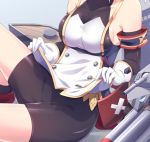  1girl armband armpits azur_lane bangs bare_shoulders beret bike_shorts black_gloves boots breasts commentary double-breasted dress elbow_gloves eyebrows eyebrows_visible_through_hair frilled_boots frills gloves hat head_out_of_frame machinery no_bra nogisaka_kushio open_mouth platinum_blonde_hair red_footwear shoes short_hair showgirl_skirt sideboob skirt skirt_lift sleeveless sock_garters solo turtleneck white_gloves z23_(azur_lane) 