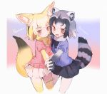  2girls :3 animal_ear_fluff animal_ears artist_name black_gloves black_hair black_neckwear blonde_hair blue_sweater blush bow bowtie commentary common_raccoon_(kemono_friends) cowboy_shot elbow_gloves eyebrows_visible_through_hair fang fennec_(kemono_friends) fox_ears fox_girl fox_tail fur_collar fur_trim gloves grey_gloves grey_hair grey_legwear grey_skirt highres holding_hands kemono_friends mochii multicolored_hair multiple_girls open_mouth pantyhose pink_skirt pink_sweater pleated_skirt puffy_short_sleeves puffy_sleeves raccoon_ears raccoon_girl raccoon_tail red_eyes short_hair short_sleeves skirt sweater tail thighhighs yellow_gloves yellow_legwear yellow_neckwear zettai_ryouiki 