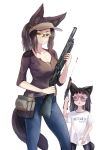  2girls animal_ears bangs batta_(kanzume_quality) black_hair blunt_bangs breasts brown_hair cleavage denim fox_ears fox_tail gun jeans long_hair looking_at_viewer multiple_girls original pants ponytail shotgun simple_background sunglasses tail visor_cap weapon white_background 