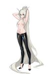  1girl absurdly_long_hair arknights armpits arms_up breasts ftuzi full_body grey_hair hair_censor hair_over_breasts high_heels highres horns long_hair medium_breasts navel nipples open_pants pants pointy_ears ponytail red_eyes shining_(arknights) simple_background solo standing topless very_long_hair white_background 