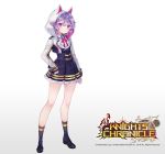  1girl adcd animal_hood bow bowtie cat_hood copyright_name full_body hair_ornament hairclip highres hood knights_chronicle official_art pink_eyes purple_hair ramu_(knights_chronicle) school_uniform short_hair solo white_background 