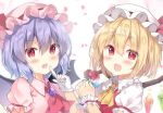  2girls :d ascot bangs bat_wings black_wings blonde_hair blush bow brooch collared_shirt commentary_request crystal eyebrows_visible_through_hair fang flandre_scarlet flower frilled_shirt_collar frills gloves hair_between_eyes hand_up hat hat_bow highres holding holding_flower index_finger_raised jewelry looking_at_viewer mob_cap multiple_girls open_mouth pink_headwear pink_shirt puffy_short_sleeves puffy_sleeves purple_hair red_bow red_eyes red_flower red_neckwear red_rose red_vest remilia_scarlet rose saeki_sora shirt short_sleeves siblings sisters smile touhou upper_body vest white_gloves white_headwear white_shirt wings wrist_cuffs yellow_neckwear 