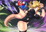  1boy 1girl black_legwear black_leotard blonde_hair blue_eyes bowsette bracelet breasts clenched_teeth collar crown horns jewelry kicking large_breasts leotard mario mario_(series) new_super_mario_bros._u_deluxe sharp_teeth short_hair smile spiked_armlet spiked_bracelet spiked_collar spikes super_crown tail teeth thighhighs thighs yamasan_(hachiman) 