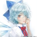  1girl bangs blue_bow blue_dress blue_eyes blue_hair blush bow bowtie cirno commentary_request dress gradient gradient_background grey_background hair_bow hair_over_one_eye hand_up ice ice_wings looking_at_viewer matsuda_(matsukichi) pinafore_dress pink_lips red_bow red_neckwear shirt short_hair solo touhou touhou_cannonball upper_body white_background white_shirt wings 