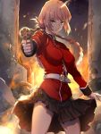  1girl 2boys bangs belt belt_buckle black_skirt braided_ponytail breasts breasts_apart buckle closed_mouth corpse cowboy_shot eyebrows_visible_through_hair fate/grand_order fate_(series) firing_at_viewer floating_hair florence_nightingale_(fate/grand_order) gloves gun hajimetakadai highres holding holding_gun holding_weapon jacket long_hair long_sleeves looking_at_viewer medium_breasts military_jacket miniskirt multiple_boys no_legwear pleated_skirt red_eyes red_jacket silver_hair skirt solo_focus standing tied_hair very_long_hair weapon white_belt white_gloves 