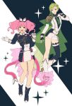  2girls :d asymmetrical_legwear black_gloves black_legwear boots bow brown_eyes fingerless_gloves full_body gloves green_eyes green_hair hair_bow hair_ornament hairclip highres jacket knee_boots long_hair long_sleeves looking_at_viewer macross macross_delta makina_nakajima multiple_girls open_mouth parted_lips pink_hair reina_prowler shimatani_azu shiny shiny_hair short_hair short_shorts shorts single_thighhigh smile standing thighhighs twintails white_bow white_footwear white_gloves white_jacket white_shorts 