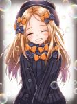  1girl abigail_williams_(fate/grand_order) admjgdme bangs black_bow black_dress black_headwear blonde_hair blush bow bubble bug butterfly closed_eyes commentary dress english_commentary facing_viewer fate/grand_order fate_(series) forehead grin hair_bow hat head_tilt highres insect long_hair long_sleeves multiple_bows multiple_hair_bows orange_bow parted_bangs polka_dot polka_dot_bow sleeves_past_fingers sleeves_past_wrists smile solo upper_body very_long_hair 