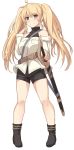  1girl ahoge bangs bare_shoulders belt black_footwear black_shorts blonde_hair breasts brown_belt brown_eyes eyebrows_visible_through_hair full_body granblue_fantasy large_breasts long_hair long_sleeves looking_at_viewer monica_weisswind shiseki_hirame shoes short_shorts shorts simple_background smile solo sword twintails weapon white_background 