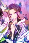  1girl black_hair black_jacket breasts bug butterfly butterfly_hair_ornament cleavage closed_mouth collarbone flower furisode_(pixilvina) gradient_hair hair_intakes hair_ornament haori holding holding_sword holding_weapon insect jacket japanese_clothes katana kimetsu_no_yaiba kochou_shinobu long_sleeves looking_at_viewer medium_breasts multicolored_hair open_clothes open_jacket purple_eyes purple_hair short_hair smile solo sword upper_body weapon wisteria 