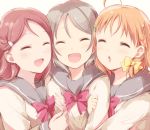  3girls :d :o ^_^ ahoge blush bow bowtie braid closed_eyes eyebrows_visible_through_hair girl_sandwich grey_hair grey_sailor_collar hair_bow hair_ornament hairclip happy long_sleeves love_live! love_live!_sunshine!! multiple_girls open_mouth orange_hair red_hair red_neckwear sailor_collar sakurauchi_riko sandwiched school_uniform short_hair simple_background single_braid smile takami_chika upper_body watanabe_you white_background yamada_ako yellow_bow 