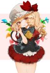  1girl arm_behind_back ascot bangs blonde_hair blush bow commentary cowboy_shot crystal eyebrows_visible_through_hair fang flandre_scarlet frilled_shirt_collar frills gotoh510 hair_between_eyes hand_up hat hat_bow head_tilt highres holding holding_hair long_hair looking_at_viewer miniskirt mob_cap nail_polish one_side_up parted_lips pink_background pleated_skirt puffy_short_sleeves puffy_sleeves red_bow red_eyes red_nails red_shirt red_skirt shirt short_sleeves skirt skirt_set solo standing thighs touhou two-tone_background white_background white_headwear wings yellow_neckwear 