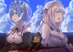  1boy 2girls bare_shoulders black_hair black_ribbon blood blood_from_mouth blue_eyes blue_hair blue_sky braid breasts cleavage cloud crown_braid detached_sleeves dress ecchi1008816 elf emilia_(re:zero) flower frilled_sleeves frills hair_flower hair_ornament hair_over_one_eye hair_ribbon highres injury jacket large_breasts long_hair maid maid_headdress multiple_girls natsuki_subaru open_mouth parted_lips pink_ribbon pointy_ears purple_eyes purple_ribbon re:zero_kara_hajimeru_isekai_seikatsu rem_(re:zero) ribbon ribbon-trimmed_clothes ribbon_trim rose short_hair silver_hair sky track_jacket track_suit underbust white_dress white_flower white_rose x_hair_ornament 