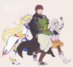  1boy 2girls =3 armor blonde_hair blue_eyes boots bradamante_(fate/grand_order) brown_hair cape english_text epaulettes facial_hair fate/grand_order fate_(series) full_armor gareth_(fate/grand_order) goatee green_eyes hector_(fate/grand_order) highres long_coat multiple_girls pushing sparkle sparkling_eyes twintails twitter_username waka_(978-4) 