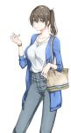  1girl alternate_costume bag batabata0015 breasts brown_eyes brown_hair casual collarbone commentary contemporary denim handbag high-waist_pants highres jeans jewelry kaga_(kantai_collection) kantai_collection large_breasts necklace pants ring shirt side_ponytail simple_background solo watch white_background wristwatch 