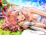  1girl bangs blue_eyes braid breasts bridal_veil cleavage closed_mouth day dress eyebrows_visible_through_hair flower hair_flower hair_ornament highres holding_hands interlocked_fingers jewelry long_hair looking_at_viewer lying macross macross_frontier medium_breasts nail_polish necklace official_art on_side outdoors pink_flower pink_hair pink_lips pov red_flower red_rose rose sheryl_nome shiny shiny_skin sleeveless sleeveless_dress smile source_request sparkle strapless strapless_dress veil wedding_dress white_dress wrist_cuffs yellow_nails 