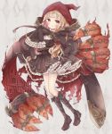  1girl :q absurdres bangs black_footwear black_skirt blonde_hair blush boots brown_eyes chain closed_mouth commentary_request eyebrows_visible_through_hair frilled_skirt frills full_body high-waist_skirt highres hood hood_up knee_boots kneehighs little_red_riding_hood_(sinoalice) long_hair long_sleeves looking_at_viewer pleated_skirt ribbed_legwear shirt sinoalice skirt sleeves_past_fingers sleeves_past_wrists smile solo thick_eyebrows tongue tongue_out tsukiyo_(skymint) very_long_hair white_legwear white_shirt 