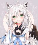  1girl animal_ears braid collarbone commentary_request detached_sleeves food fox_ears fox_tail fruit green_eyes hair_between_eyes hair_ribbon happy_birthday highres hololive long_hair looking_at_viewer nanakagura portrait ribbon shirakami_fubuki side_braid silver_hair smile solo strawberry tail virtual_youtuber 