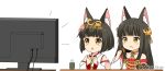  2girls :o :t animal_ear_fluff animal_ears azur_lane bangs bare_shoulders black_hair blush_stickers brown_eyes closed_mouth collarbone commentary_request cup detached_sleeves dress eating eyebrows_visible_through_hair flat_screen_tv food food_on_face fox_ears hair_ornament headpiece holding holding_food japanese_clothes kimono long_hair long_sleeves looking_away miicha multiple_girls mutsu_(azur_lane) nagato_(azur_lane) parted_lips red_dress senbei short_hair simple_background sleeveless sleeveless_kimono strapless strapless_dress television twitter_username upper_body watching_television wavy_mouth white_background white_kimono white_sleeves wide_sleeves yunomi 