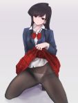  1girl asymmetrical_hair bangs black_legwear blazer blue_jacket blush bow bowtie brown_eyes closed_mouth collared_shirt commentary_request crotch_seam eyebrows_visible_through_hair full_body groin highres jacket kneeling komi-san_wa_komyushou_desu komi_shouko lifted_by_self long_hair long_sleeves loose_neckwear no_shoes panties panties_under_pantyhose pantyhose pleated_skirt red_neckwear red_skirt school_uniform shadow shiny shiny_clothes shiny_hair shirt sidelocks simple_background skirt skirt_lift solo takita_(takita3411) thighband_pantyhose underwear white_background white_panties white_shirt 