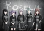  artist_name band bang_dream! black_dress black_hair black_skirt brown_hair dress green_hair grey_background grey_hair highres hikawa_sayo imai_lisa long_hair minato_yukina music parody purple_hair rinoarashi rock_band roselia_(bang_dream!) shirokane_rinko skirt twintails udagawa_ako 