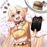 1girl :d absurdres american_flag animal_print blonde_hair blue_eyes blues_(artist) blush bunny_print cloud cloud_print commentary core63 english_text eyebrows_visible_through_hair food gradient_hair hair_between_eyes hamburger happy highres long_hair looking_at_viewer mahou_shoujo_ikusei_keikaku_unmarked meme multicolored_hair nemurin open_mouth pajamas pillow pillow_hug pink_hair simple_background smile solo standing streaked_hair text_focus two-tone_hair very_long_hair vrchat white_background yellow_pajamas 