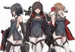  3girls ass ass_visible_through_thighs backless_outfit belt binoculars black_hair blue_eyes breasts brown_hair chinese_clothes cleavage commentary_request detached_sleeves girls_frontline grenade_launcher haguruma_(hagurumali) hair_rings headphones jacket long_hair looking_at_viewer medium_breasts multiple_girls open_mouth original qlz-04 qlz-04_(girls_frontline) red_eyes short_hair sleeveless weapon white_background yellow_eyes 