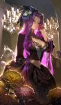  belle_of_society black_dress breasts chandelier cleavage collar commentary corset craft_essence dress fate/grand_order fate/stay_night fate_(series) flower frills hair_flower hair_ornament hand_in_hair hand_on_hip large_breasts long_hair nanbo_ataru_(attall) official_art purple_hair ribbon rider solo_focus very_long_hair white_corset 