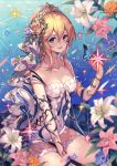  1girl bangs bare_shoulders blonde_hair blue_cape blue_eyes blue_ribbon blush breasts bug butterfly cape collarbone dress europa_(granblue_fantasy) flower granblue_fantasy hair_between_eyes hair_flower hair_ornament highres homaderi insect large_breasts looking_at_viewer open_mouth plant ribbon ripples short_hair sitting smile solo sparkle thighs tiara vines white_dress 
