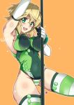  1girl akatsuki_kirika aoi_manabu armpits arms_up ass_visible_through_thighs blush breasts commentary_request covered_navel green_eyes green_leotard large_breasts leotard looking_at_viewer open_mouth orange_background pole pole_dancing senki_zesshou_symphogear shiny shiny_hair shiny_skin short_hair skin_tight smile solo standing striped striped_legwear stripper_pole teeth thighhighs 