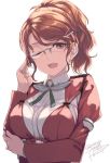  1girl 2019 adjusting_eyewear aquila_(kantai_collection) aquila_(symbol) bespectacled breasts brown_eyes dated epaulettes glasses hair_ornament hairclip jacket kantai_collection large_breasts looking_at_viewer medium_hair one_eye_closed open_mouth red_hair red_jacket rokuwata_tomoe shirt sidelocks simple_background solo tied_hair twitter_username upper_body white_background white_shirt 