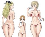  3girls ass_visible_through_thighs assam back bangs bikini black_ribbon blonde_hair blue_eyes braid breasts breasts_apart butt_crack closed_mouth collarbone commentary covered_nipples cup darjeeling dimples_of_venus eyebrows_visible_through_hair girls_und_panzer groin hair_pulled_back hair_ribbon halterneck holding holding_cup holding_saucer holding_teapot large_breasts long_hair looking_at_another micro_bikini multiple_girls navel orange_hair orange_pekoe parted_bangs parted_lips ponytail red_bikini ribbon saucer short_hair simple_background small_breasts smile standing swept_bangs swimsuit teacup teapot thigh_gap thighs thong_bikini tied_hair twin_braids white_background yamano_rita 
