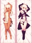  2girls absurdres arm_up armpits arms_up ass_visible_through_thighs barefoot bed_sheet blush breasts cropped dakimakura dark_skin demon_tail detached_sleeves frown full_body fur-trimmed_sleeves fur_trim hairband heart_tattoo highres huge_filesize incredibly_absurdres kneehighs looking_at_viewer m-da_s-tarou multiple_girls no_panties parted_lips pubic_tattoo red_eyes rocoroco short_hair small_breasts tail tanaka_the_wizard tattoo thigh_gap torn_clothes white_hair 