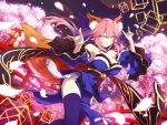  1girl animal_ears architecture armpits bare_shoulders breasts bridge cherry_blossoms cleavage cloud cosplay cube detached_sleeves east_asian_architecture fate/extra fate/grand_order fate_(series) flower fox_ears fox_girl fox_tail highres japanese_clothes large_breasts light_blue_eyes looking_at_viewer obi official_art petals pink_hair sash senran_kagura senran_kagura_new_link sky smile solo tail tamamo_(fate)_(all) tamamo_no_mae_(fate) tamamo_no_mae_(fate)_(cosplay) thighhighs twintails yaegashi_nan yumi_(senran_kagura) 