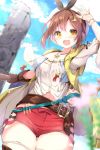  1girl :d arm_up atelier_(series) atelier_ryza bangs belt belt_buckle beret black_ribbon blue_belt blue_sky blurry blurry_background blurry_foreground blush breasts brown_belt brown_gloves brown_hair buckle cleavage cloud collarbone commentary_request day depth_of_field eyebrows_visible_through_hair flower gloves hair_ornament hair_ribbon hairclip hat highres jacket jewelry kouda_suzu looking_at_viewer navel necklace open_clothes open_jacket open_mouth outdoors pillar pink_flower puffy_short_sleeves puffy_sleeves red_shorts reisalin_stout ribbon round-bottom_flask shirt short_shorts short_sleeves shorts single_glove sky sleeveless sleeveless_jacket small_breasts smile solo star star_necklace thighhighs vial white_headwear white_legwear white_shirt yellow_eyes yellow_jacket 
