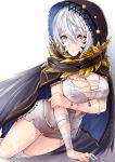  1girl bandaged_leg bandages bangs breasts cleavage cloak code_vein commentary_request eyebrows_visible_through_hair frown hair_between_eyes highres hood hood_up io_(code_vein) jewelry large_breasts long_hair looking_at_viewer necklace open_mouth short_hair silver_hair solo torn_clothes wazukani yellow_eyes 